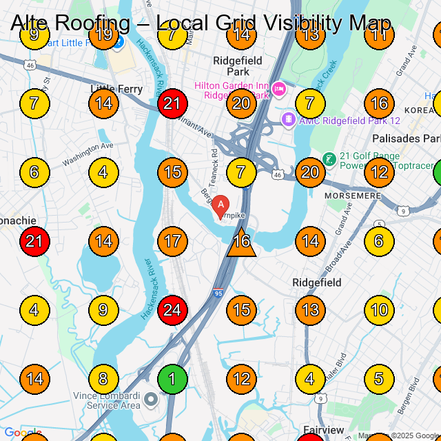Alte Roofing Roofing Contractor GeoGrid ranking map for Ridgefield Park NJ